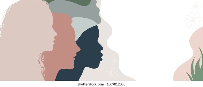 Silhouette group of multiethnic women who talk and share ideas and information. Communication and friendship women or girls of diverse cultures. Women social network community. Speak