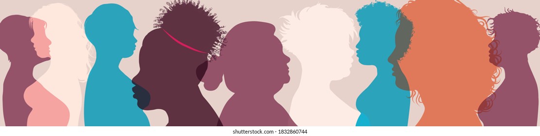 Silhouette group of overweight female multiethnic women and girls. Diversity Fat and corpulent women with cellulite. Health care. Lifestyle. Weight loss. Diet concept. Fitness