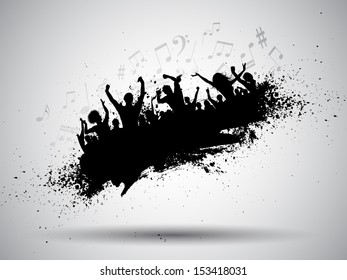 Silhouette Of A Group Of Party People On A Grunge Background With Music Notes