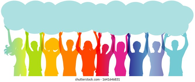 Silhouette group of people with arms raised holding up a long speech bubble copy space.Concept of solidarity friendship and charity.Care cooperation help and assistance to people