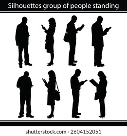 silhouette, group, people, business, reading, vector, standing, person, office, male, man, outline, young, illustration, body, female, figure, woman, girl, chair, shape, collection, human, set, work, 