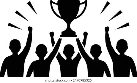 Silhouette of a group of people celebrating victory by raising a trophy high, symbolizing teamwork and success.