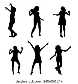 Silhouette group of people dancing. Some slim female people in dance pose.