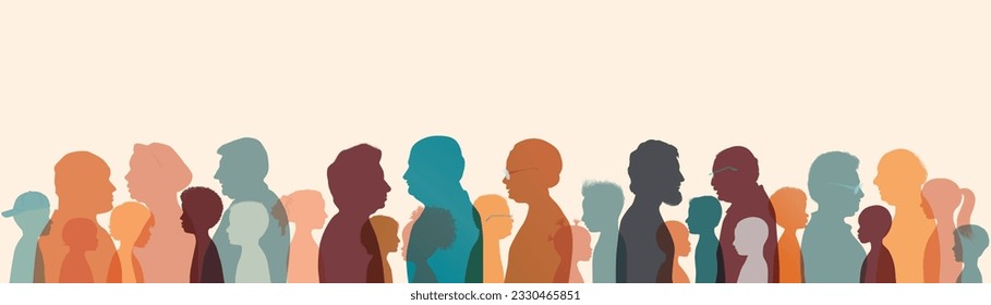 Silhouette group people elderly and children. Grandparents and grandchildren. Seniors. Boy - girl- baby. Grandfather and grandmother. Mixed age range. People of diverse culture