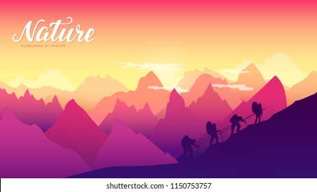 Silhouette group people hiking at mountain at sunset design. Mountaineers climbs to the top of a snow-capped mountain illustration. Sport lifestyle relax in nature