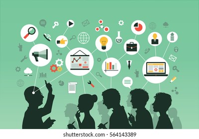 Silhouette of a group of people listening to a lecture. Mind Map  -Vector Illustration. 