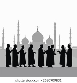 Silhouette of a group of people praying together for Eid. Unity in Islamic prayer concept.