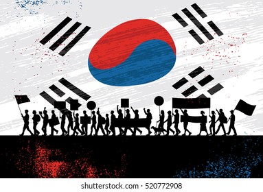 Silhouette group of people protesting with Flag of South Korea as a background