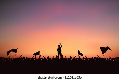 Silhouette group of people Raised Fist and flags Protest in flat icon design with evening sky background Silhouette group of people Raised Fist and flags Protest in flat icon design with evening sky background