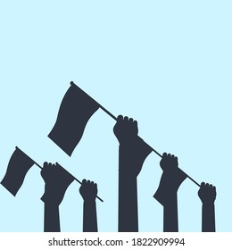 silhouette of a group of people raising a flag. vector illustration