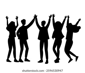 Silhouette of a group of people raising hands in celebration. Concept of teamwork, success, victory, and community. Minimalist black silhouette design.