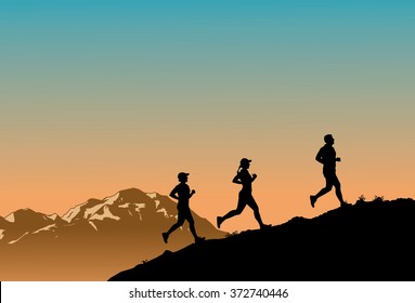 Silhouette of  group of people running up the hill against the sunrise
