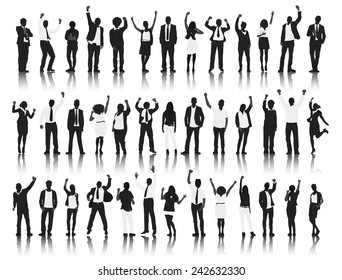 Silhouette Group of People Standing and Celebration Vector