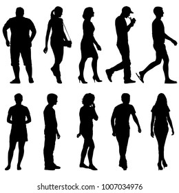 Silhouette Group of People Standing on White Background.