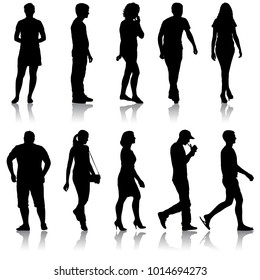 Silhouette Group of People Standing on White Background.