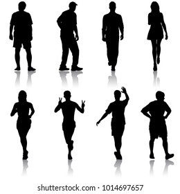 Silhouette Group of People Standing on White Background.