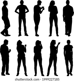 Silhouette Group of People Standing on White Background.