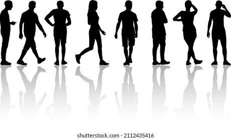 Silhouette Group of People Standing on White Background.