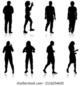 Silhouette Group of People Standing on White Background.