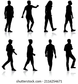 Silhouette Group of People Standing on White Background.