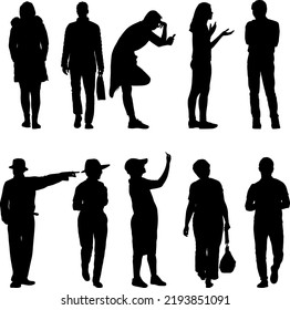 Silhouette Group of People Standing on White Background