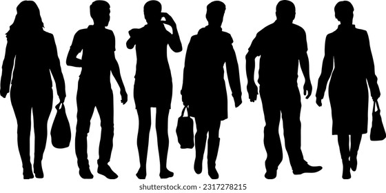 Silhouette Group of People Standing on White Background.