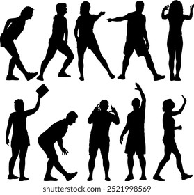 Silhouette Group of People Standing on White Background.