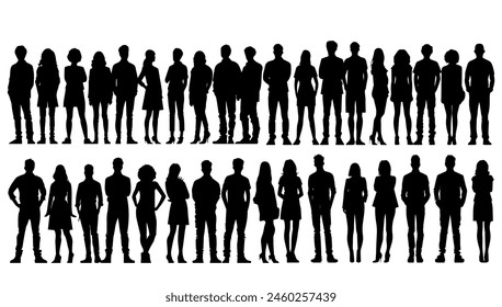 Silhouette Group of People Standing Vector Black White set. Woman and man person illustration group isolated white. Community figure human and team meeting. Crowd shape collection design horizontal