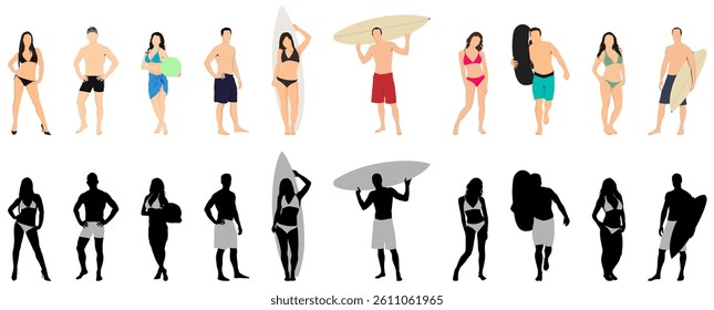 Silhouette Group of People wearing Swimwear, Beach Concept, Travel Vacation and Activities