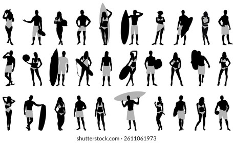 Silhouette Group of People wearing Swimwear, Beach Concept, Travel Vacation and Activities