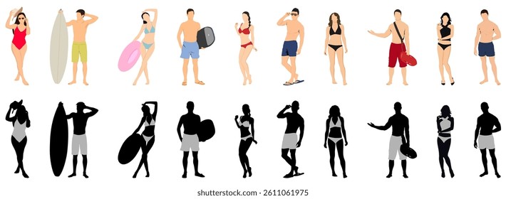 Silhouette Group of People wearing Swimwear, Beach Concept, Travel Vacation and Activities