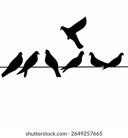 Silhueta de um grupo de pombos sentados em um fio de polo elétrico em um fundo branco. Um grupo de pombos-negros empoleirados. Ilustração vetorial