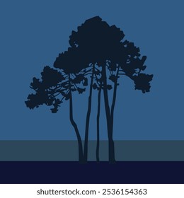 Silhouette of a group of pine trees against the background of the sea in the evening. Vector illustration in a flat style for the design of prints and scenes in a natural style.