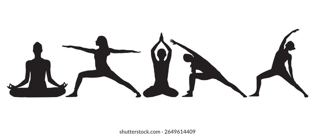 Silhouette Group Practicing Yoga Poses in Various Postures Vector Illustration