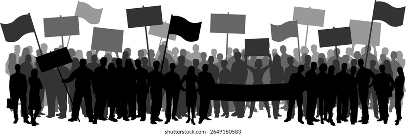 A silhouette of a group of protesters
