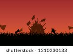 Silhouette group of protesters people Raised Fist and flags in flat icon design with red color evening sky background
