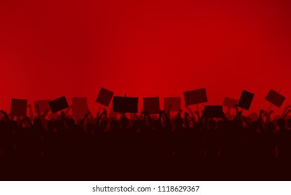 Silhouette group of protesters people Raised Fist and Signs in flat icon design with red color sky background