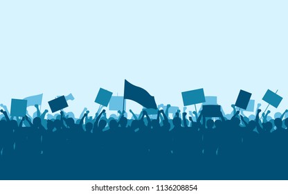 Silhouette Group Of Protesters People Raised Fist And Signs In Flat Icon Design With Blue Color Sky Background