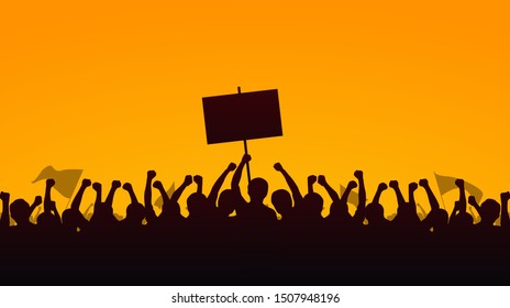 Silhouette group of protesters people Raised Fist and Protest Signs in yellow evening sky background