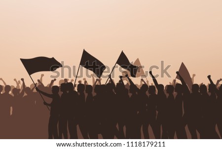 Silhouette group of protesters people Raised Fist and flags in flat icon design with evening sky background