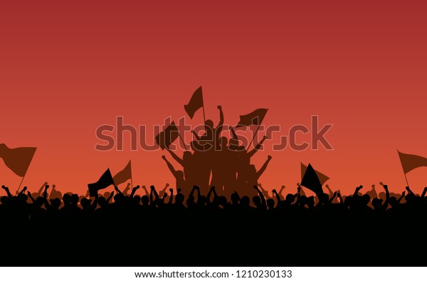 Silhouette group of protesters people Raised Fist and flags in flat icon design with red color evening sky background
