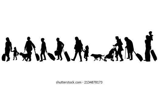 Silhouette of a group of refugee on white background