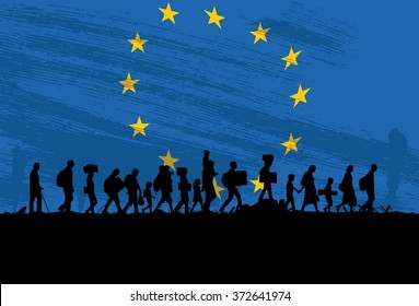 Silhouette Of A Group Of Refugees Walking With Flag Of Europe As A Background