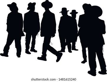 Silhouette of a group of religious Jews. A collection of silhouettes of religious Jews. A Jew in a traditional costume looks forward. Hasid in and hat. Isolated vector illustration Black on white.