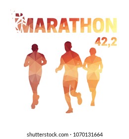 Silhouette of group of running people. Marathon race symbol. Low polygonal style. Vector illustration.