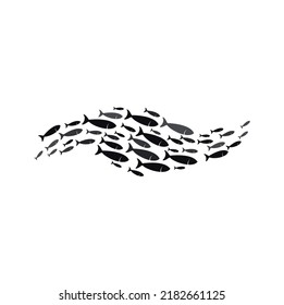 Silhouette Of Group Of Sea Fishes, Isolated Shoal And Fish School Icon. Vector School Of Fish Swimming, Shoaling And Schooling In Sea Or Ocean