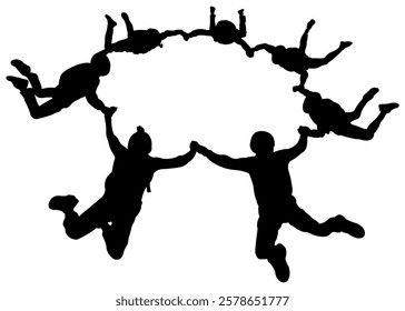 
Silhouette of a group of skydivers building a formation in the sky. Skydiving vector illustration, isolated on white background