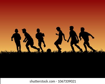 silhouette group of soccer kid on sunset