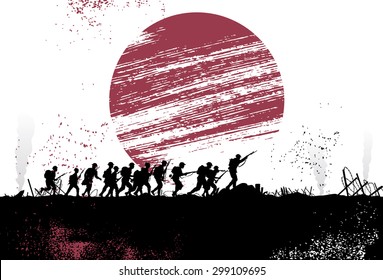 Silhouette Group Of Soldiers In Battlefield With Japanese Flag As A Background. All Objects Are Grouped.