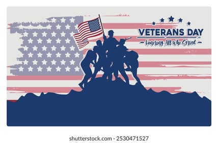 Silueta de un grupo de soldados sosteniendo una bandera estadounidense. Celebrando el Día de los Veteranos en Estados Unidos. Concepto del Día de los Caídos. Ilustración vectorial plana.